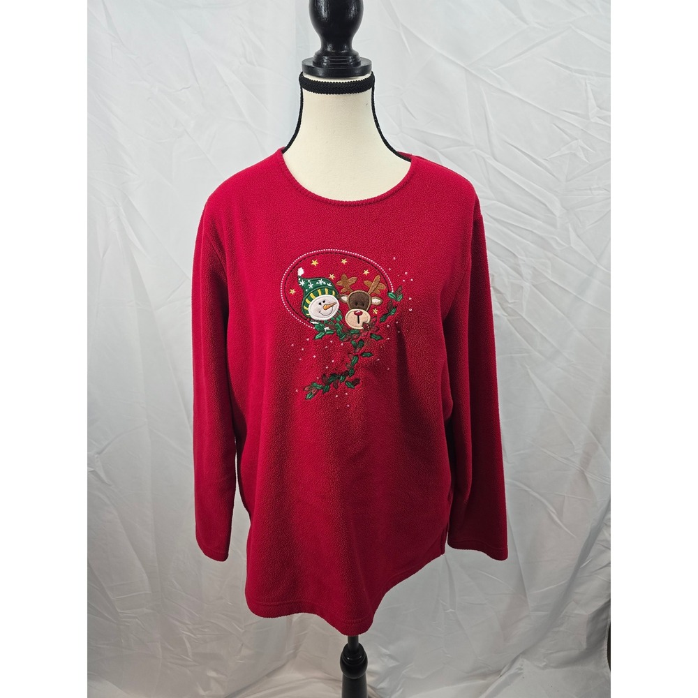 STUDIO JOY Red‎ Fleece Christmas Snowman Reindeer Embroidered Long Sleeve Top L